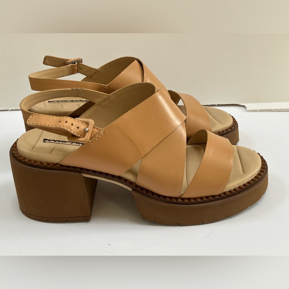 Elvio Zanon Sling-back Tan Chunky Heel Sandals Size US 10/ EU 31 new